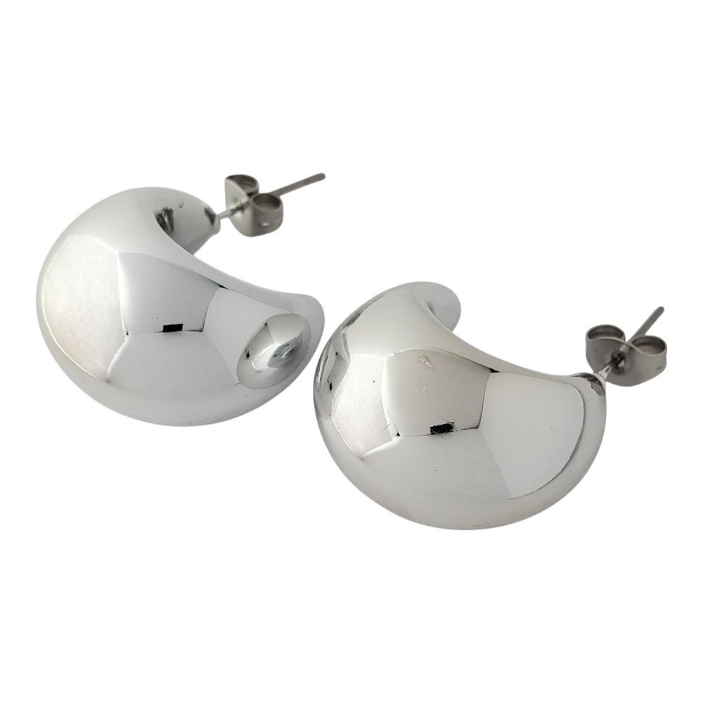 Vintage Reflective Chrome Polished Puffed Hoop Stud Earrings Half Rounds